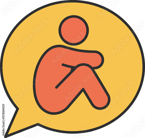 Human figure sitting inside speech bubble symbolizing loneliness and communication challenges in simple vector style 