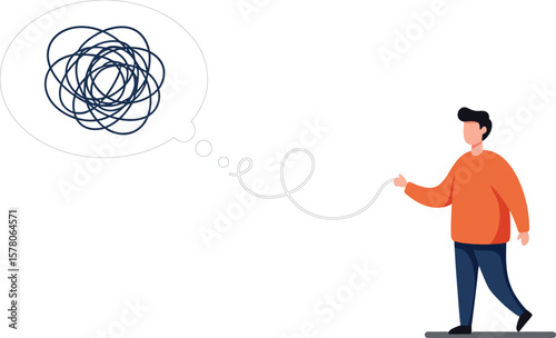 Man in orange sweater walking with scribble thought bubble illustrating confusion or brainstorming vector illustration 