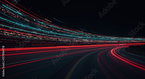 Light Trails on Highway at Night with Red and Blue Neon Streaks