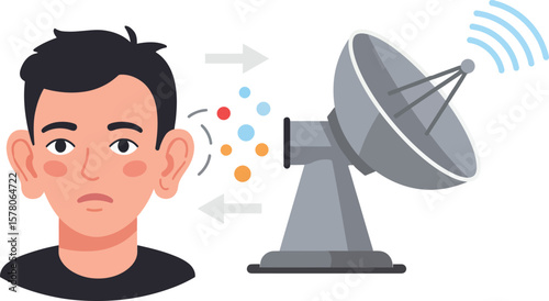 Person communicating with satellite dish signal transmission and reception vector illustration 