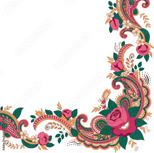 Ornate floral paisley corner design with pink roses and green leaves vector
