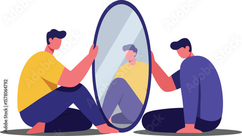 Man and reflected image sitting beside oval mirror with contrasting yellow and purple clothing vector illustration 
