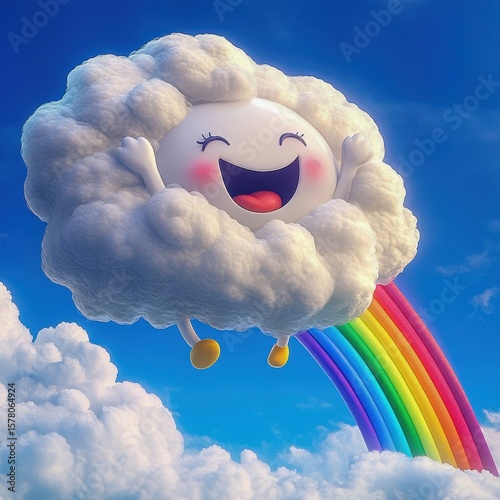cartoon cloud creature tickling vibrant rainbow beam