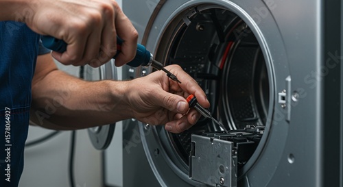 Technician Repairing Washing Machine Using Screwdriver in Laundry Room