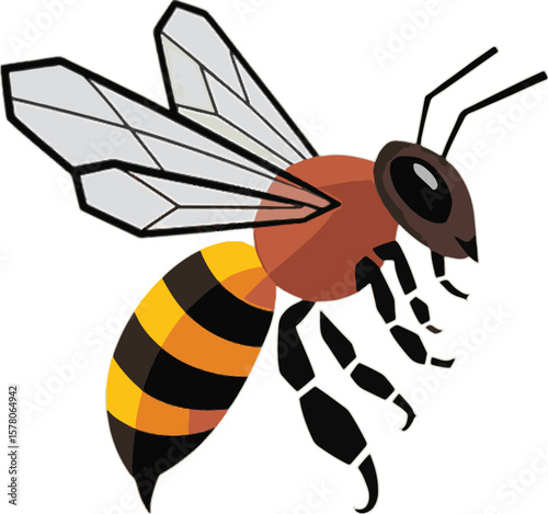 Stylized bee with brown body and striped abdomen insect flying