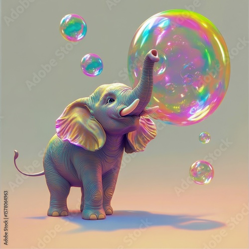 cartoonish elephant blowing oversized rainbow bubbles