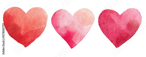 Three Watercolor Hearts in Pink Red and Coral Shades