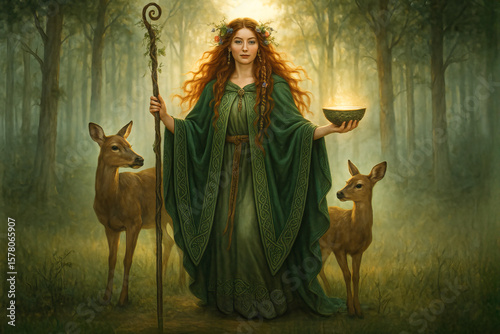 Danu, Celtic Mother Goddess of Nature and Wisdom in an Enchanted Forest