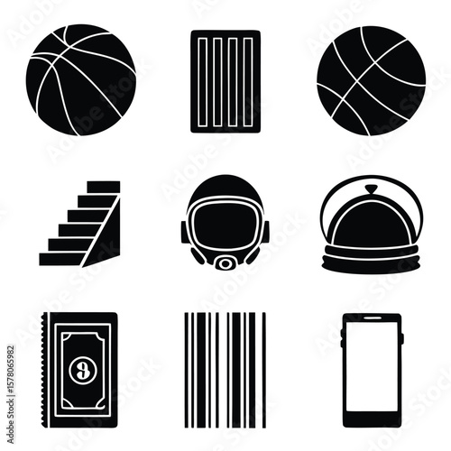Basketball helmet stairs serving dish money barcode phone vector