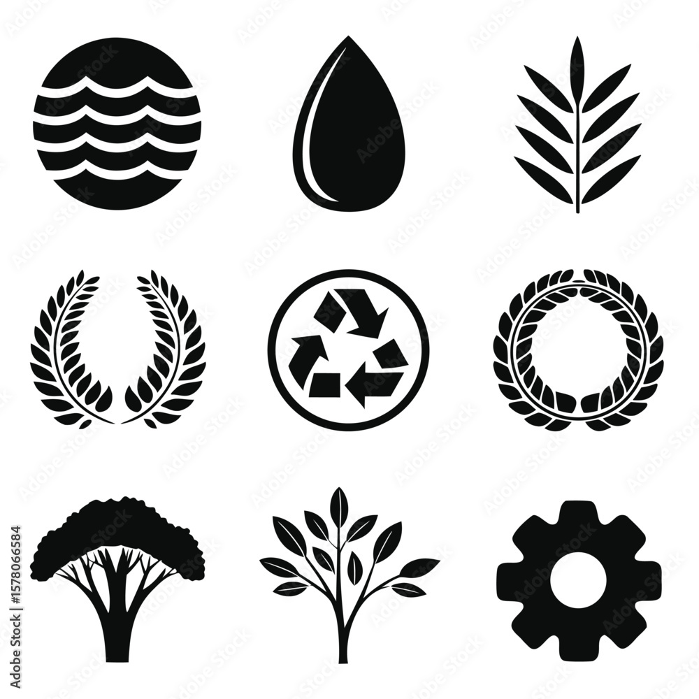 Fototapeta premium Black Icons Water Drop Leaf Laurel Wreath Recycle Symbol Tree Gear plant