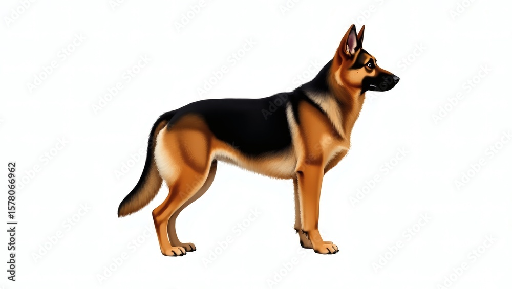 Realistic German Shepherd Dog Standing Alert with Focused Expression – Detailed Fur Texture, Isolated on White Background, High-Resolution Animal Illustration Realistic German Shepherd Dog Standing Alert with Focused Expression – Detailed Fur Texture, Isolated on White Background, High-Resolution Animal Illustration