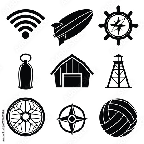 Black silhouette icons of wifi signal blimp ship wheel bell barn lighthouse wheel compass volleyball