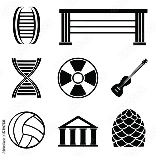 Black silhouettes of scientific and cultural objects bench radiation