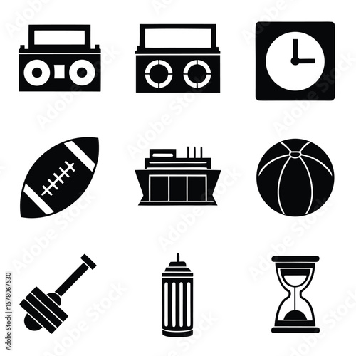 Boombox clock football ship beachball honey dipper trashcan hourglass vector