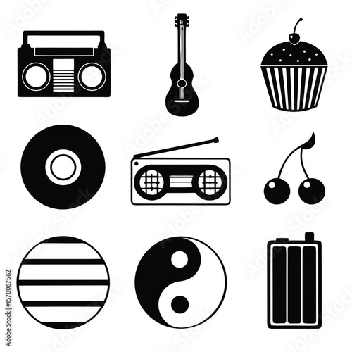 Boombox guitar cd cherries cupcake yin yang battery striped circle vector
