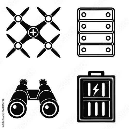 Drone binoculars battery server rack icons vector