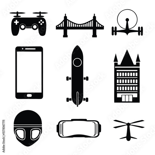 Drone controller bridge smartphone skateboard skyscraper helmet virtual reality headset helicopter