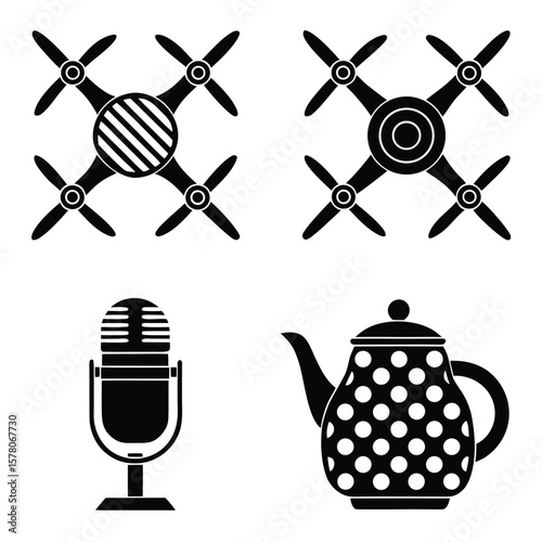 Drones microphone teapot collection black silhouette quadcopter