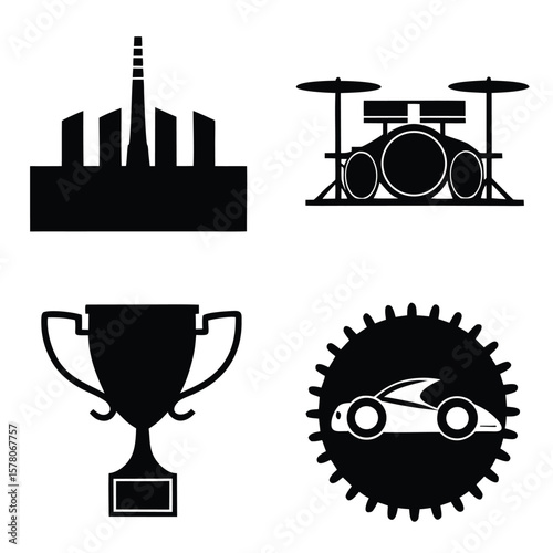 Factory drums trophy car gear icons industry building