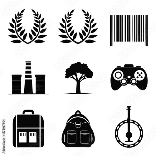 Laurel wreath barcode factory tree gamepad briefcase backpack banjo vector