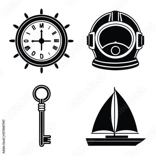 Nautical symbols ship wheel diving helmet antique key sailboat vector