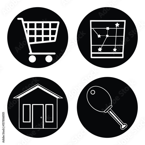 Shopping cart house constellation and medical tool icons stars