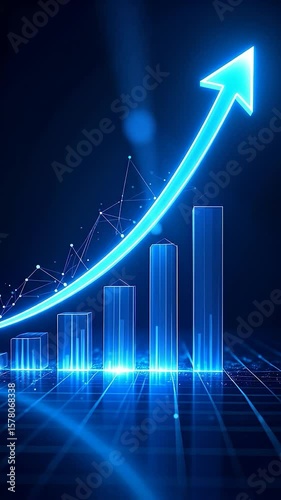Glowing blue graph with rising bars and an arrow indicating growth, on a grid, connected by network lines, against a dark background