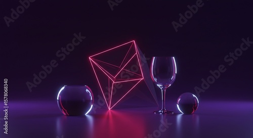 Futuristic Neon Geometric Shapes with Glassware on Dark Background