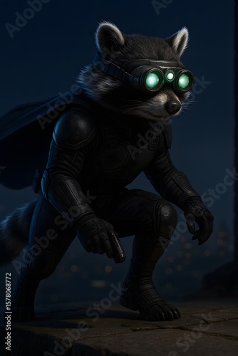 Raccoon Superhero in Tactical Suit with Goggles Crouching at Night