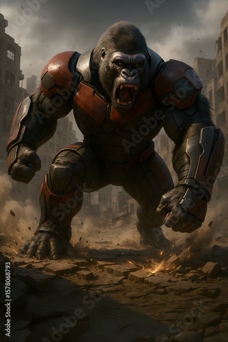 Gorilla Robot in Combat Armor in Destroyed City