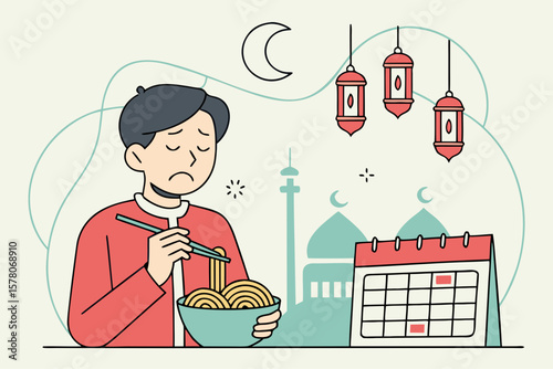 Sad man eating noodles alone during Ramadan with mosque and calendar scene