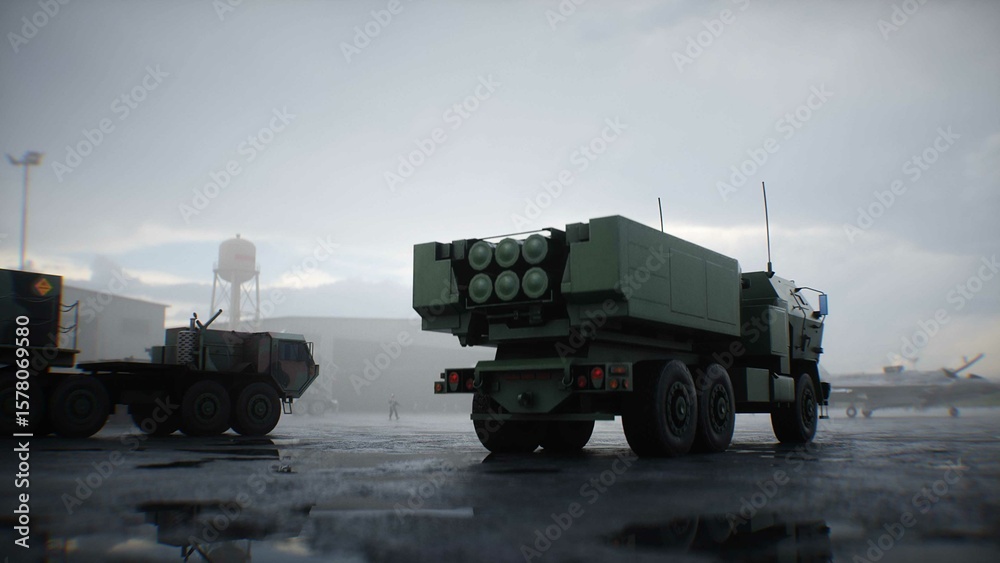 Fototapeta premium American High Mobility Artillery Rocket System. Military base. 3d rendering.