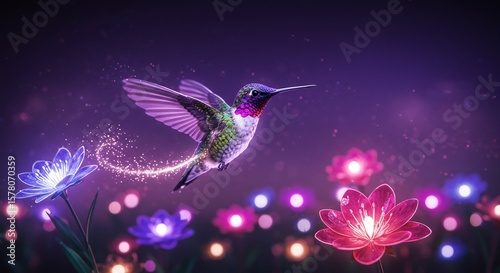 Enchanting Hummingbird in Luminescent Garden: A Digital Painting of a vibrant hummingbird with magical sparkle trail, soaring amidst glowing flowers in a dark,