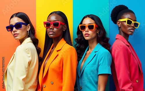 Four models with stylish sunglasses, showcasing different poses and vibrant, colorful outfits against variously colored backgrounds. High quality