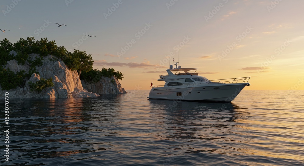 Obraz premium Luxury Yacht Anchored Near Rocky Shore During Sunset with Calm Water and Birds Flying