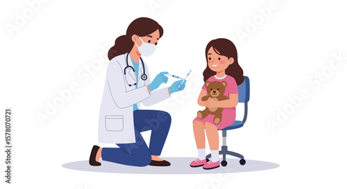 A doctor prepares to administer an injection to a young girl, holding a teddy bear.