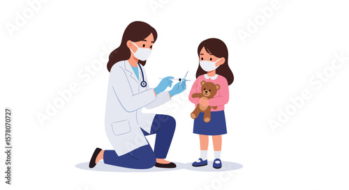 A doctor prepares to administer a vaccine to a young child, holding a teddy bear.