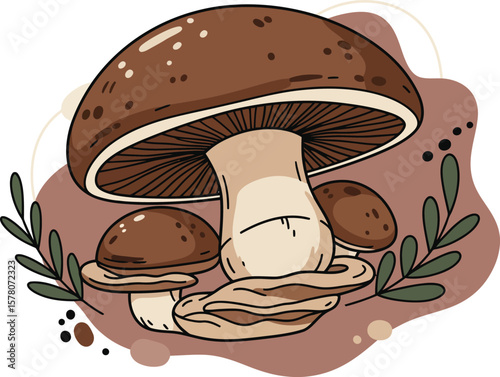 Edible brown mushrooms with detailed gills and stems natural forest fungi vector illustration 