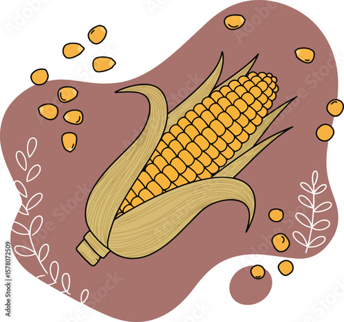Corn cob illustration with loose kernels and husk on brown background in natural style