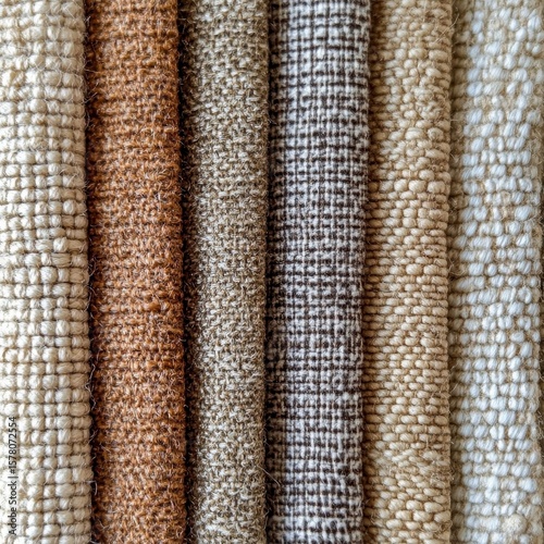 Closeup fabric swatch textures with intricate weave details in warm tones tactile and isolated
