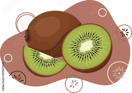 Kiwi fruit sliced with whole brown fuzzy kiwi and green interior detailed vector illustration 