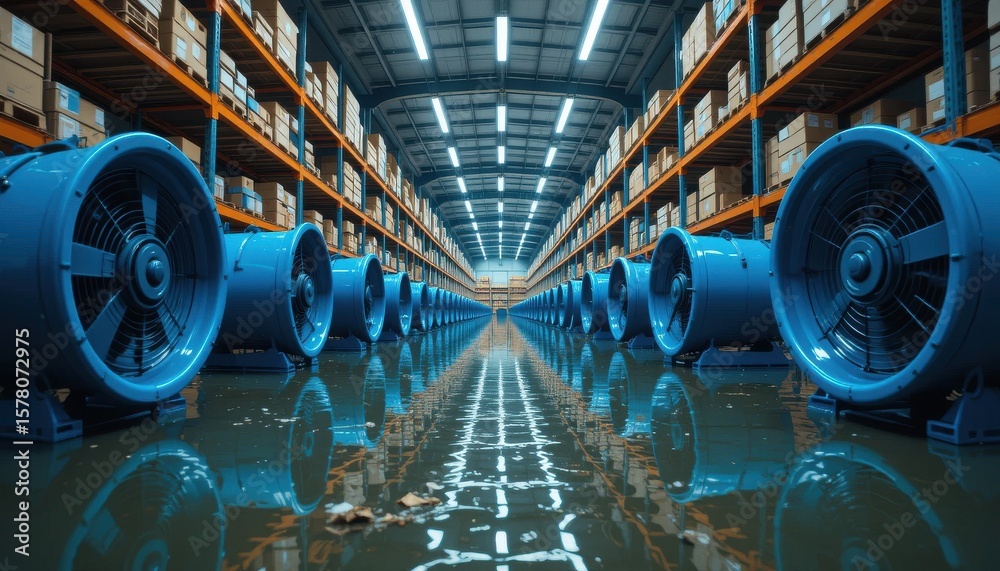 Obraz premium Warehouse Flood Recovery Featuring Industrial Fans and Reflected Shelving