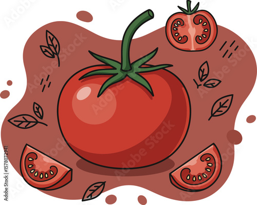 Red tomato with green stem and sliced tomato pieces vector illustration on brown background 