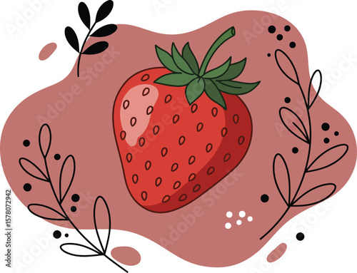 Strawberry fruit with decorative leaves and abstract background vector illustration in red and green colors 