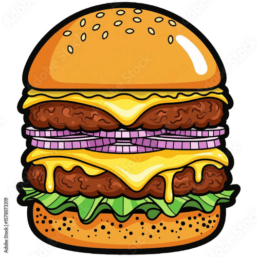 Vector Double Cheese Burger with Crispy Chicken and Onions