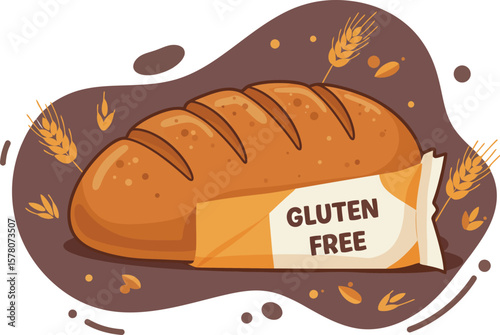 Gluten Free Bread Loaf Illustration with Wheat Grains and Packaging Vector Design 
