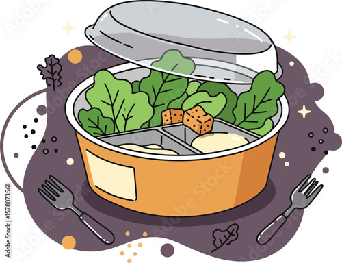 Healthy vegetable lunch box with divided compartments and fresh green salad for meal prep and balanced diet 