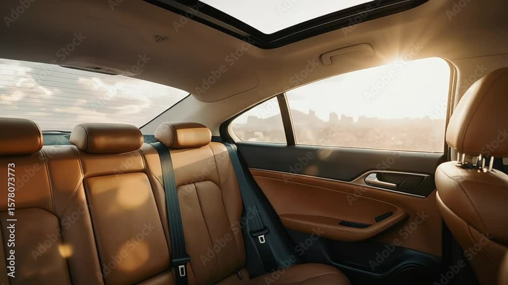 Back Seat View of a Car Interior with Leather Seats and Sun Flare Back Seat View of a Car Interior with Leather Seats and Sun Flare