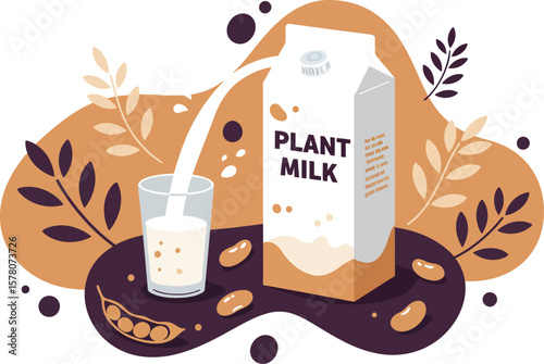 Plant milk carton and glass with almond plant illustration in warm brown and beige tones vector illustration for healthy lifestyle and vegan diet 