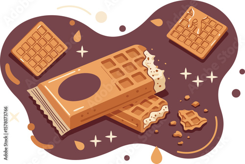 Chocolate bar with pieces and crumbs vector illustration in warm brown tones for dessert or snack design 